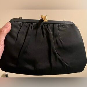 Mid-Century After Five Black Evening Bag with Gold Tone Wheat Clasp